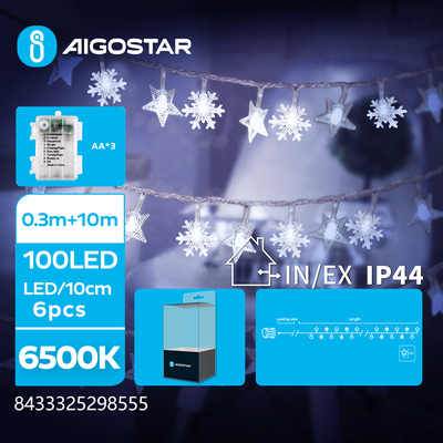 Tira Luz Navidad Copos de Nieve con Pilas Luz Fria 100 Led 10 Mt